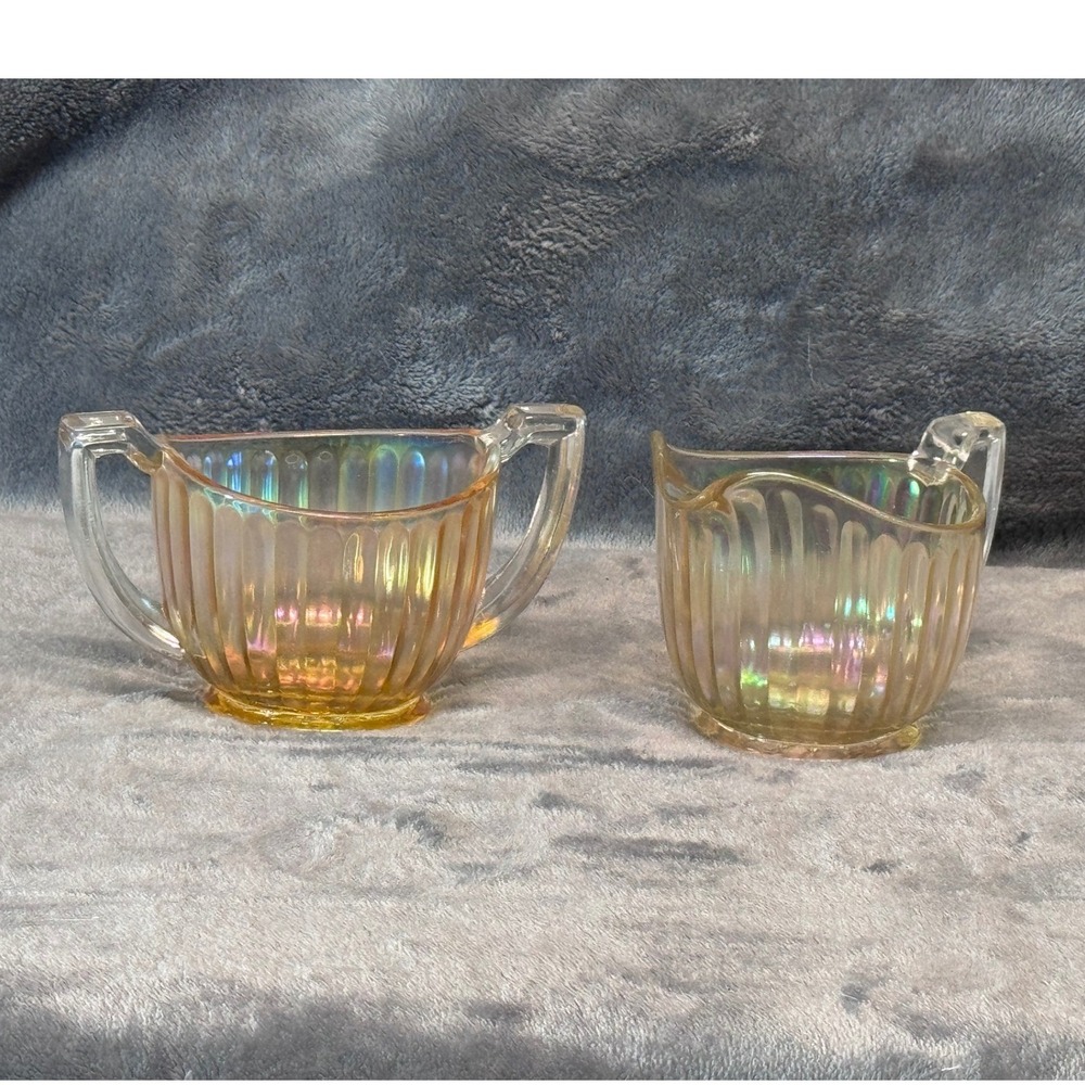 Imperial Carnival Glass Smooth Rays Marigold Iridescent Creamer & Sugar Set Open